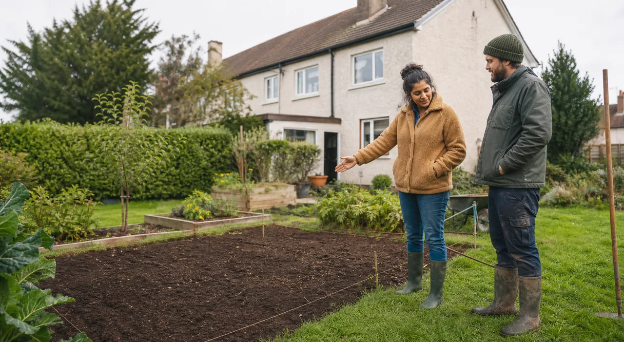 Two adults discussing a vegetable plot in an Irish suburban garden